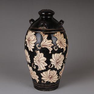 吉州窑黑釉手仿工剔纹梅瓶古玩古董民间老瓷器143老物件古瓷宋摆