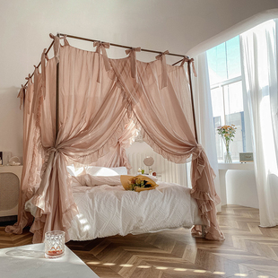 现货2021新款 架子床民宿 公主防尘亚麻宫廷落地蚊帐1.8m床家用老式