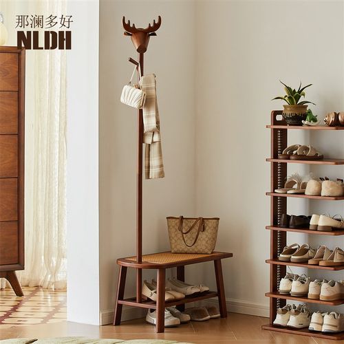 入户玄关挂衣区实木落地衣帽架次净衣架换鞋凳挂衣架一体不占空间