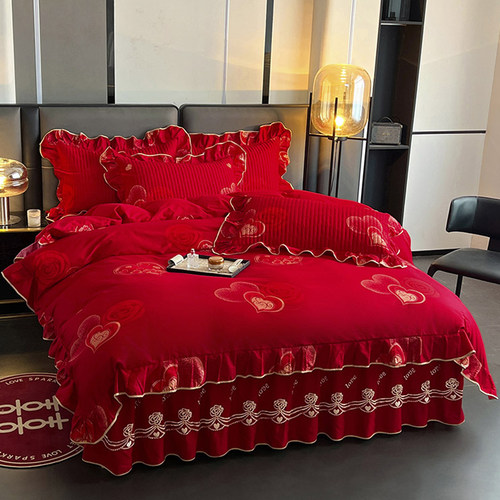 中式婚嫁喜庆全棉大红色四件套床裙款喜被套纯棉结婚四季床上用品
