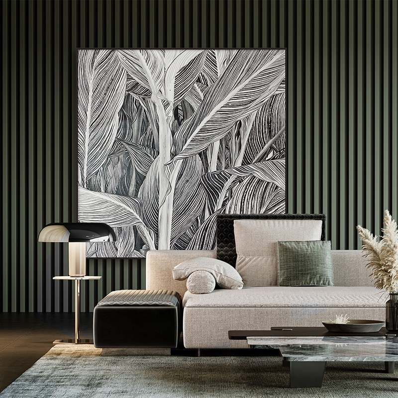 现代简约植物树叶装饰画抽象黑白线条客厅挂画餐厅样板间艺术壁画图片