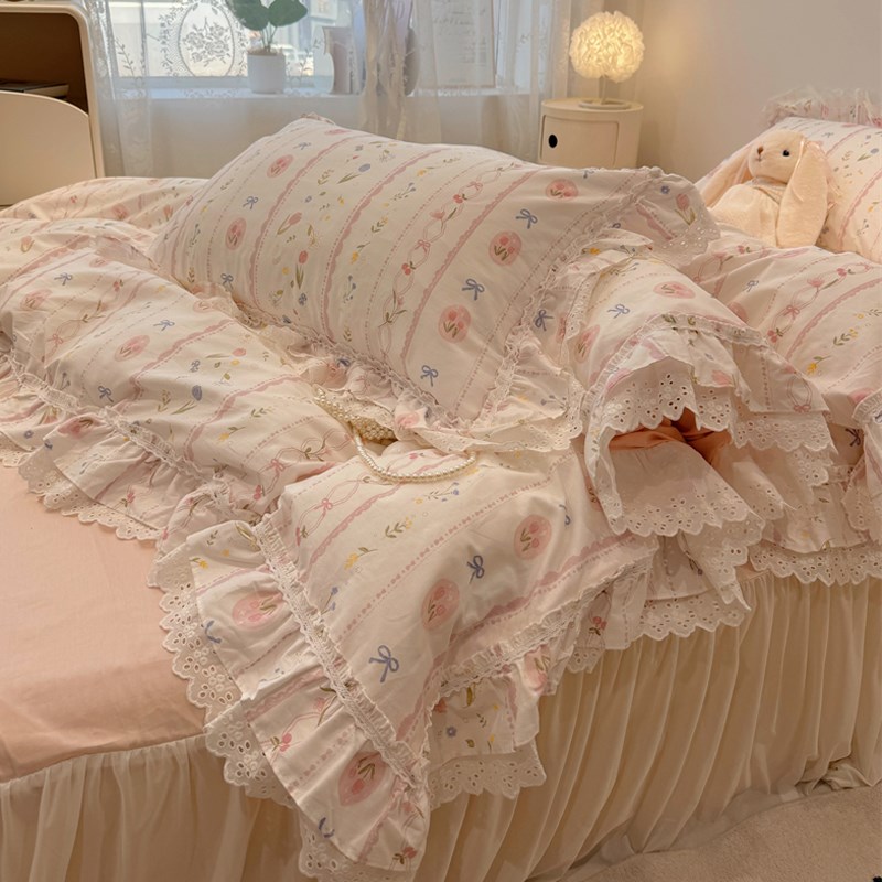 仙女款荷叶边全棉裸睡四件套公主风床裙款被套1.5m1.8米床品