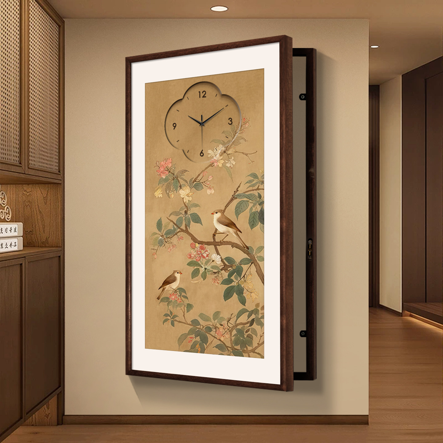 喜上眉梢实木电表箱装饰画带钟表竖版花鸟遮挡玄关配电箱总闸挂画