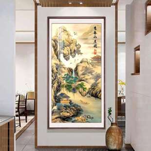 蒙娜丽莎皇室十字绣富春山居图竖版古绢布新款十字绣客厅大幅