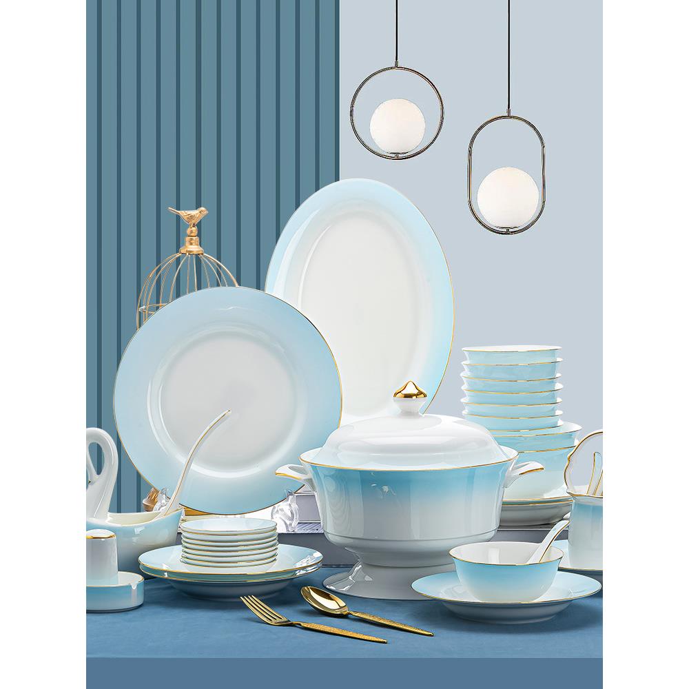 骨瓷餐具套装中式景德镇陶瓷碗碟盘勺筷组合简约青瓷描金釉中彩