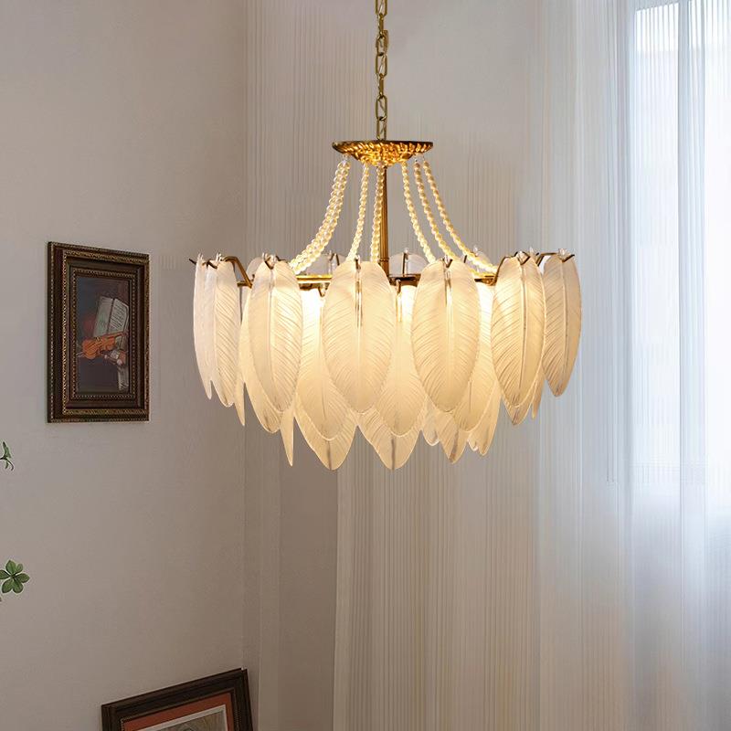 法式珍珠羽毛吊灯客厅奶油风浪漫少女孩房间轻奢卧室主灯具玻璃
