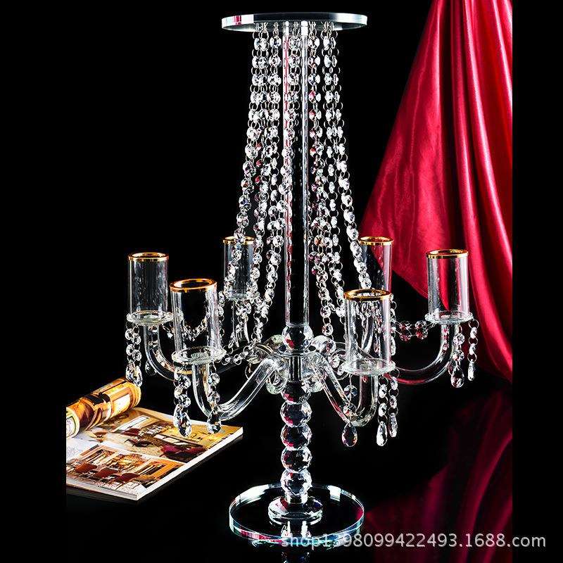 欧式跨境多头水晶烛台餐桌布置花架道具圣诞婚礼铁艺蜡烛杯黑色