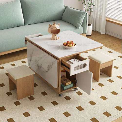 岩板茶几餐桌两用客厅沙发边几角几折叠边柜多功能小推车茶台窄桌