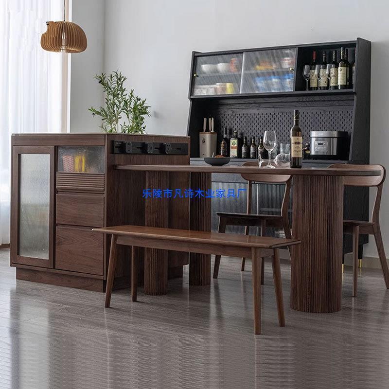 北欧黑胡桃木实木岛台单独厨房岩板储物柜岛台餐桌一体餐厅家具