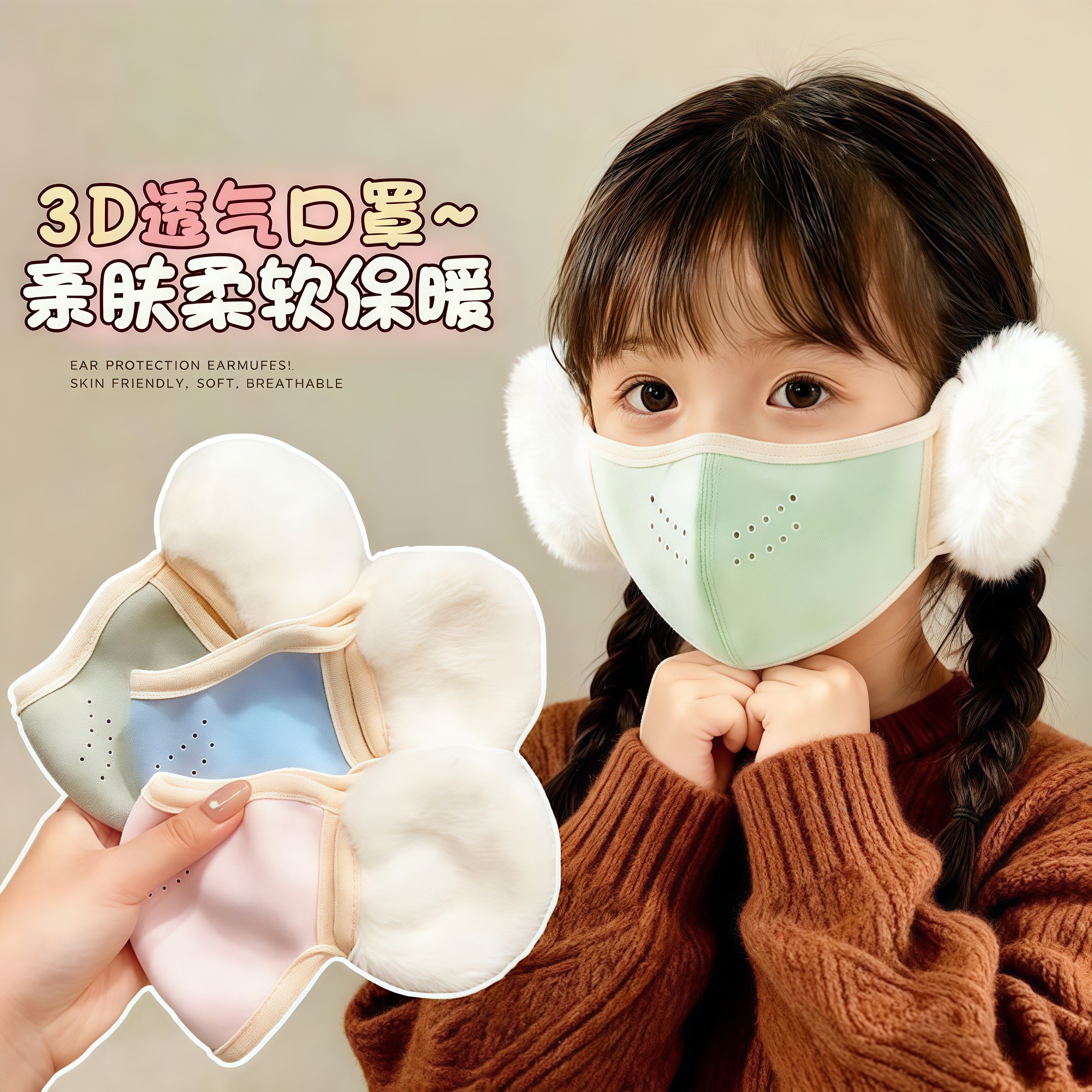 儿童保暖口罩耳罩一体男女童上学防风透气护耳秋冬防尘面罩可水洗