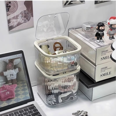 按压式收纳盒翻盖透明桌面盒