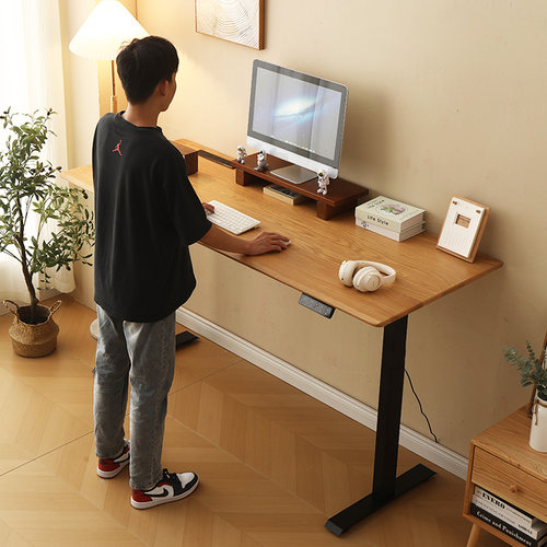 实木电动升降书桌橡木电脑桌家用电竞桌子学习办公桌可站立工作台