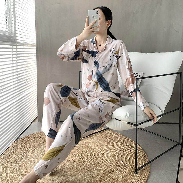 绵绸睡衣长袖长裤女夏薄款人棉居家套装夏季人造棉家居服两件套