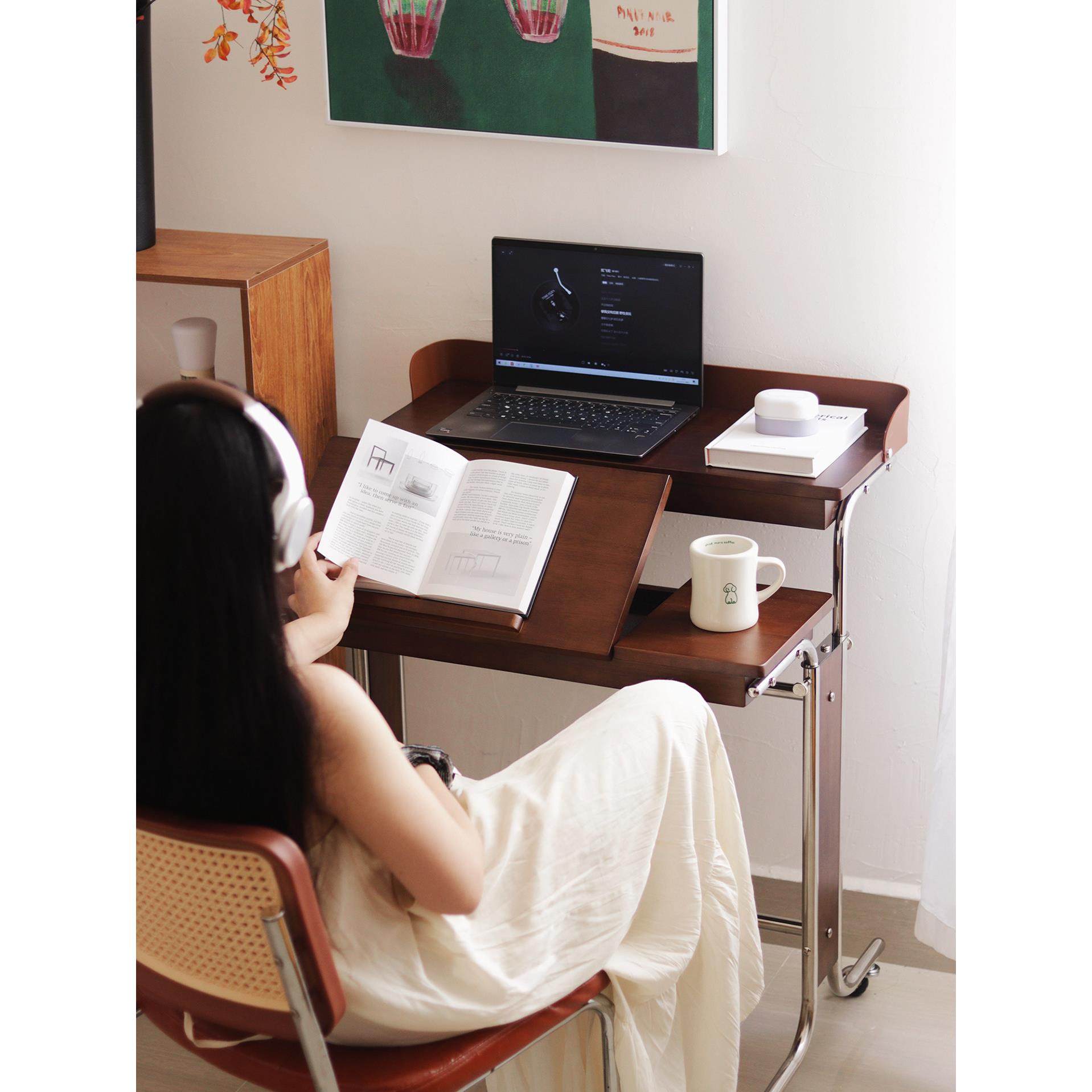 胡桃实木电脑书桌子升降中古风卧室床边化梳妆极窄折叠办公工作台