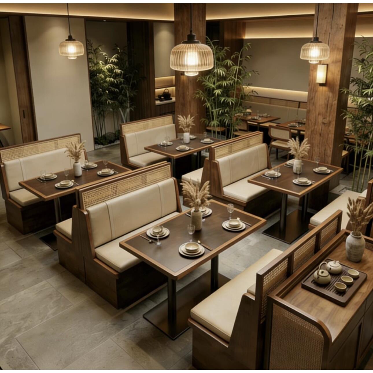 主题餐厅卡座沙发东南亚茶楼饭店烤肉店编藤靠墙卡座桌椅组合商用