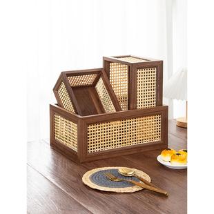 竹编实木质日式 覆古长方形黑胡桃收纳筐 收纳盒桌面茶几收纳篮子
