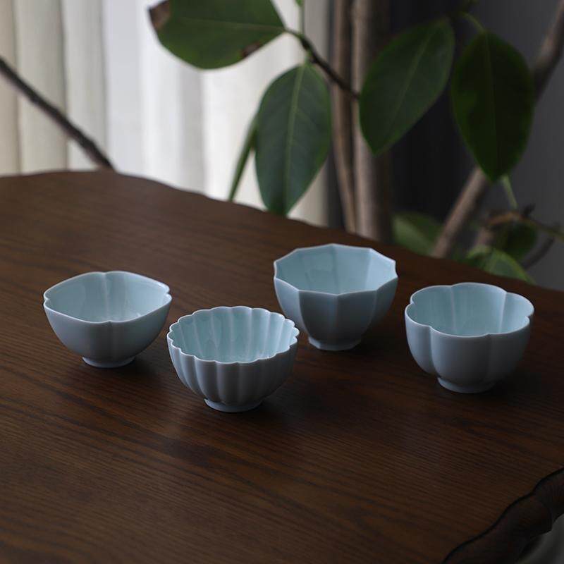 山水一间花口甜品杯花瓣器型品茗杯影青茶杯高温陶瓷杯