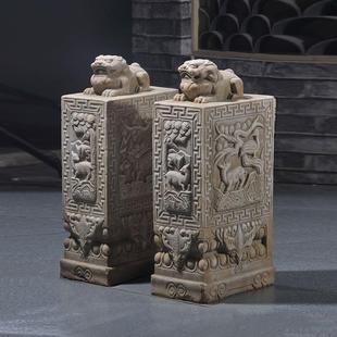 石雕门墩一对貔貅麒麟别墅门口会所庭院石狮子中式做旧抱鼓石鼓