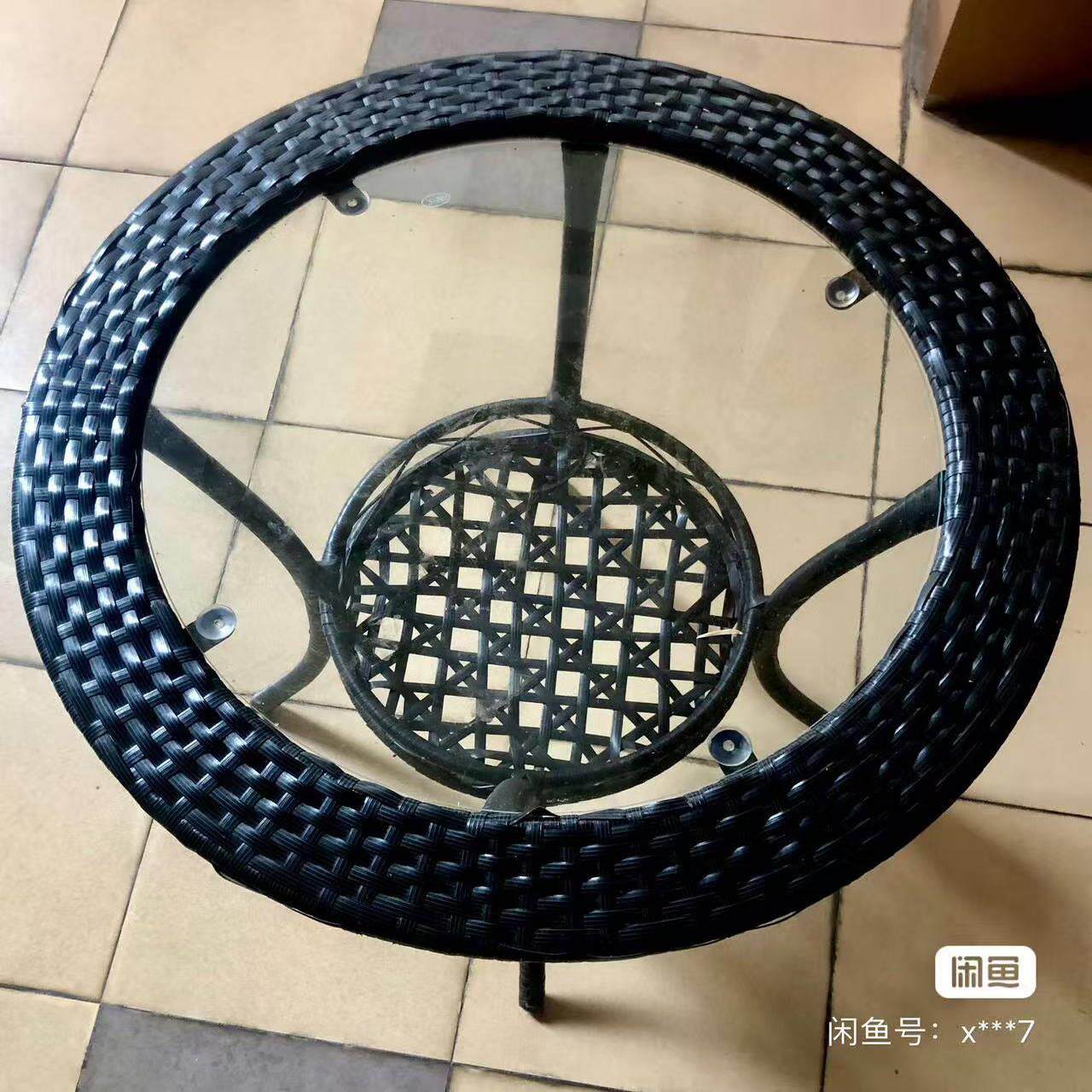 新别墅花园茶桌铁艺编藤茶几手工编织钢化玻璃小圆桌子手工茶几圆