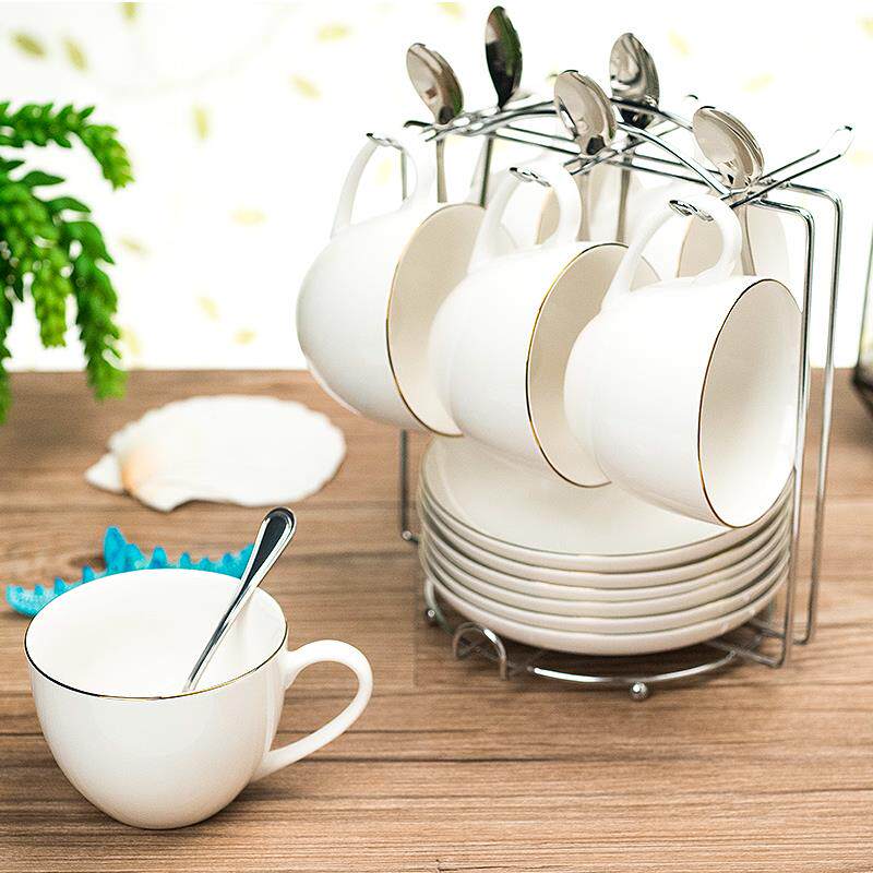 瑶华杯子陶瓷家用咖啡杯 北欧轻奢创意ins纯白金边简约杯碟勺套装
