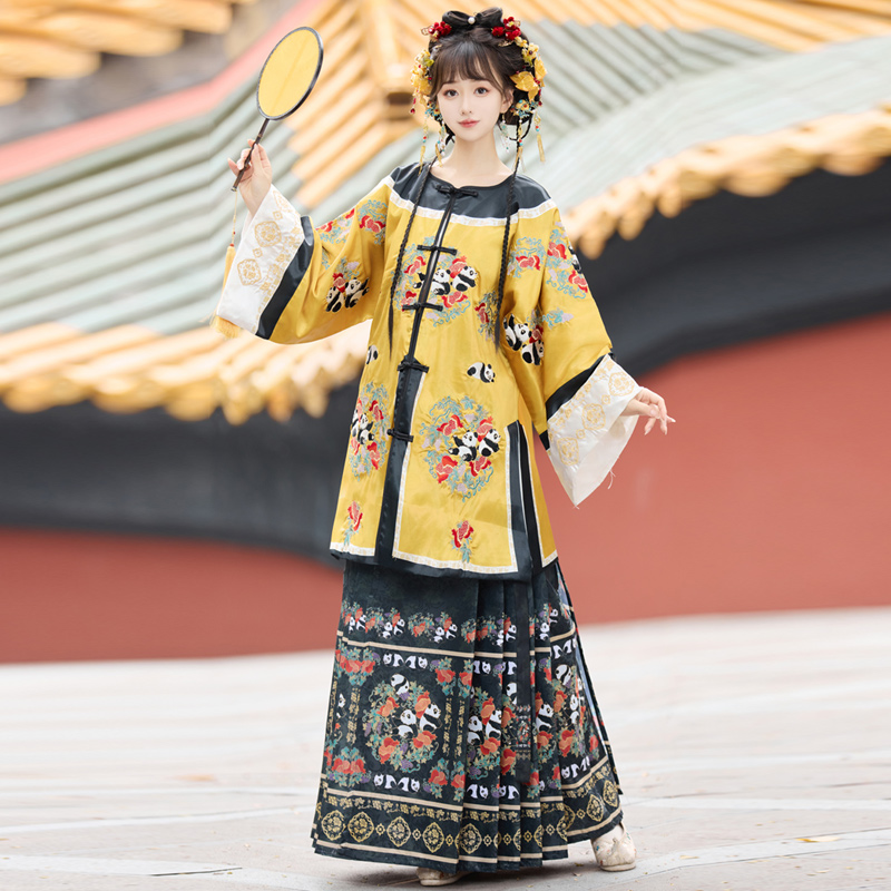 新款国宝熊猫原创清汉女套装清朝宫廷国风重工刺绣清代服饰改良款