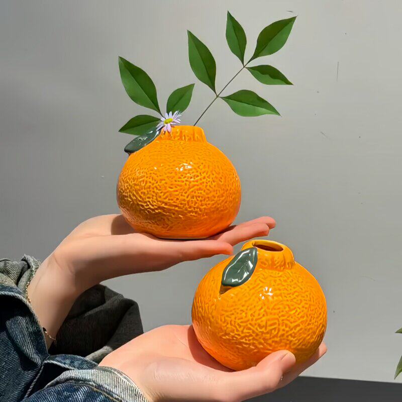 简约橘子小花瓶摆件客厅插花水培植物鲜花绿萝创意工艺品桌面装饰