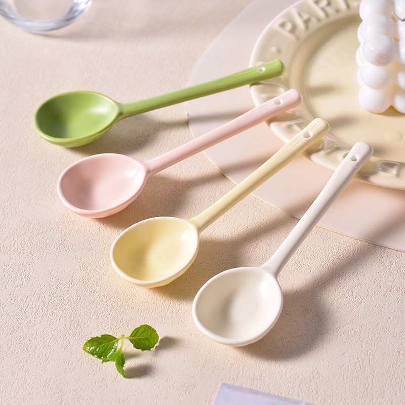 奶油风陶瓷勺甜品勺长柄家用ins风高颜值汤匙高颜值调羹咖啡瓷勺