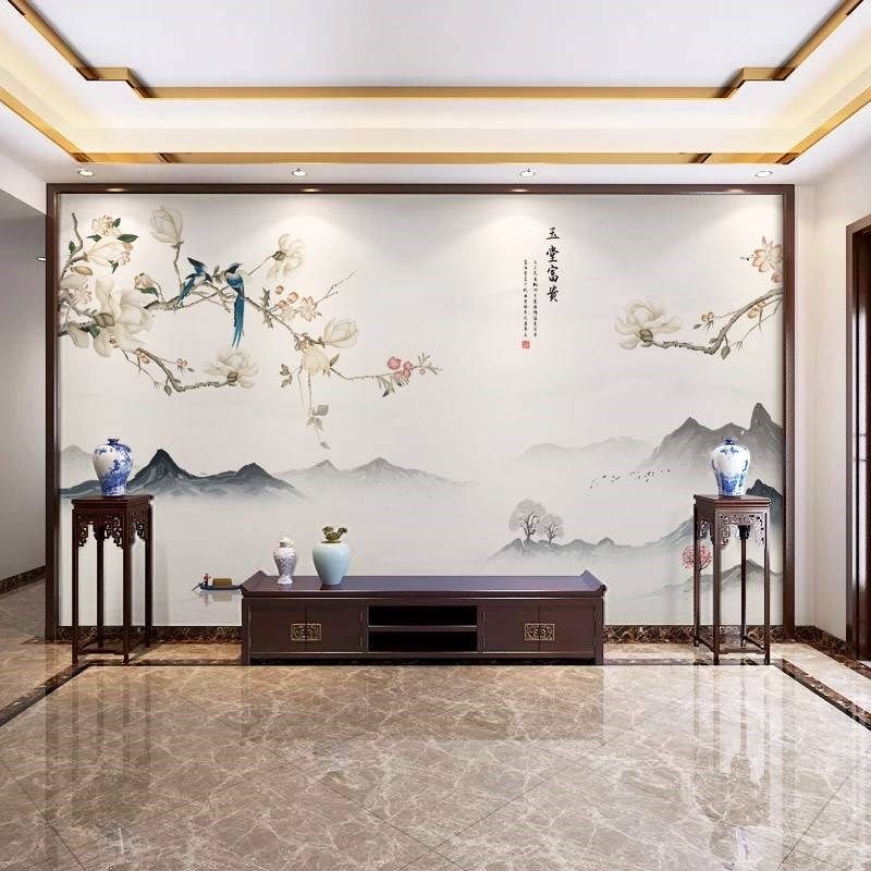 新中式花鸟壁布电视背景墙壁画客厅沙发影视墙纸墙布卧室壁纸2022