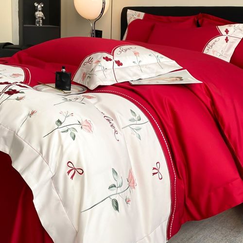 160支长绒棉婚庆四件套全棉大红色新婚刺绣喜被纯棉结婚床上用品4