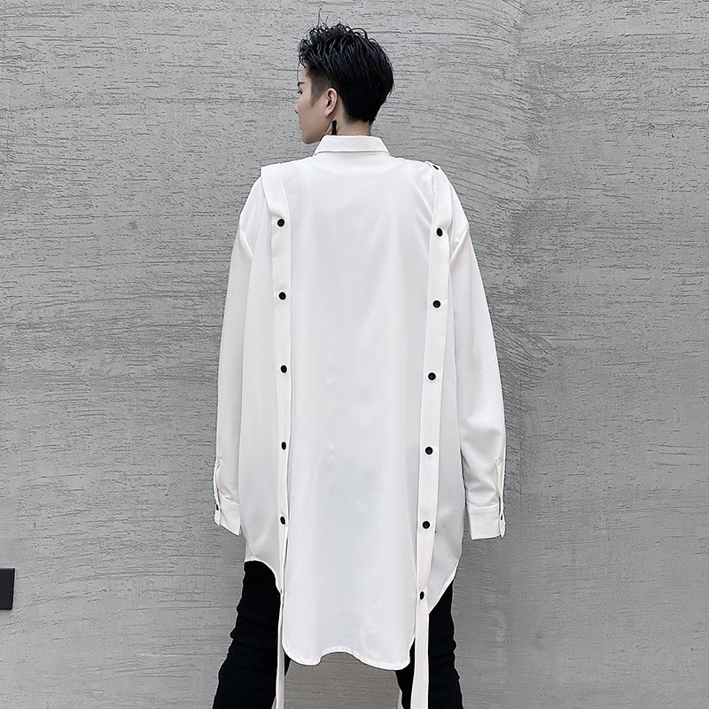 春装暗黑系韩版时尚男士撞色纽扣飘带衬衫发型师潮男青年长袖衬衣