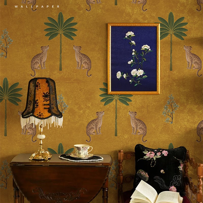 定制壁画法式豹子棕榈树客厅电视背景墙壁纸高级卧室床头装饰墙布