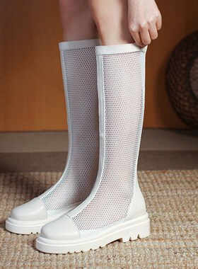 平底长筒靴女薄款夏季白色网纱长靴小码透气高筒网靴大码凉靴子43