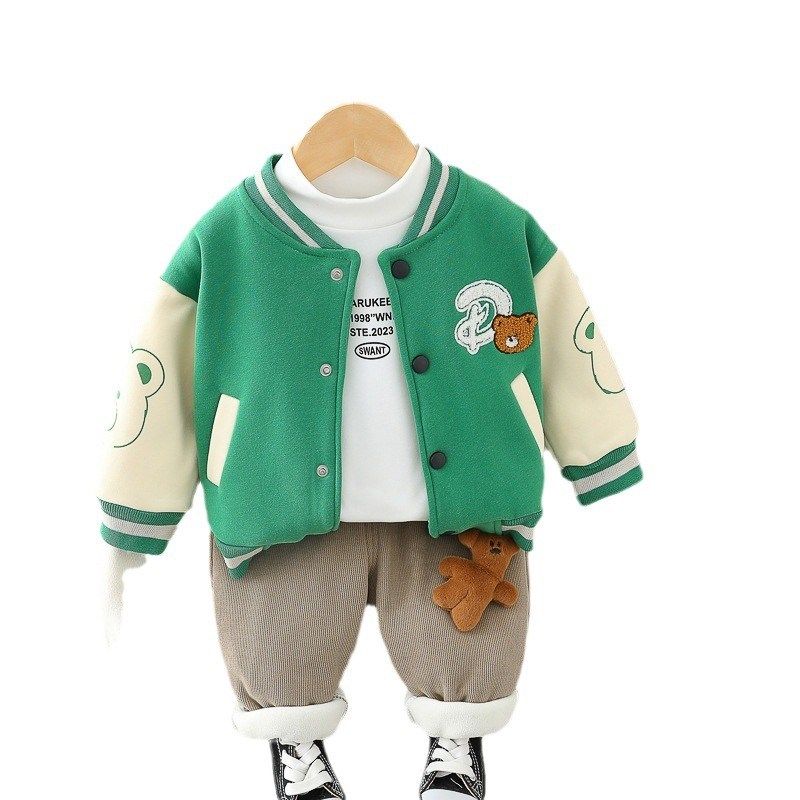 2024秋季新款男童加绒卡通棒球服长袖三件套男宝宝保暖长裤套装潮