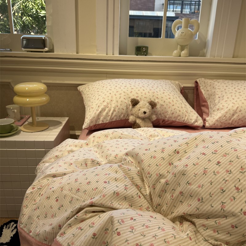 韩系条纹小碎花棉加绒四件套A面纯棉B面宝宝绒1.5m1.8保暖加厚冬