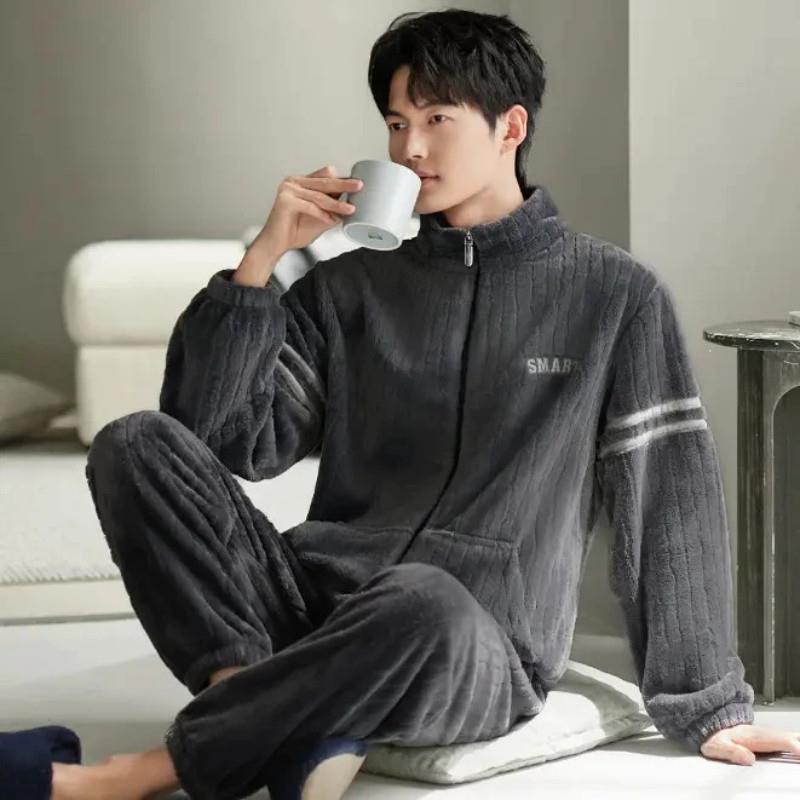 福佑优选秋冬季男士拉链保暖法Q兰绒家居服外穿轻奢高档睡衣套装