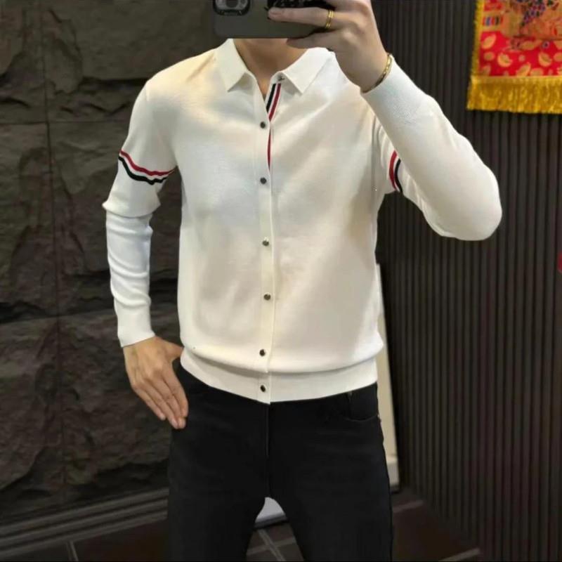 故渊男装服饰秋冬欧货简约条纹时尚修身潮牌ePOLO衫短袖针织衫