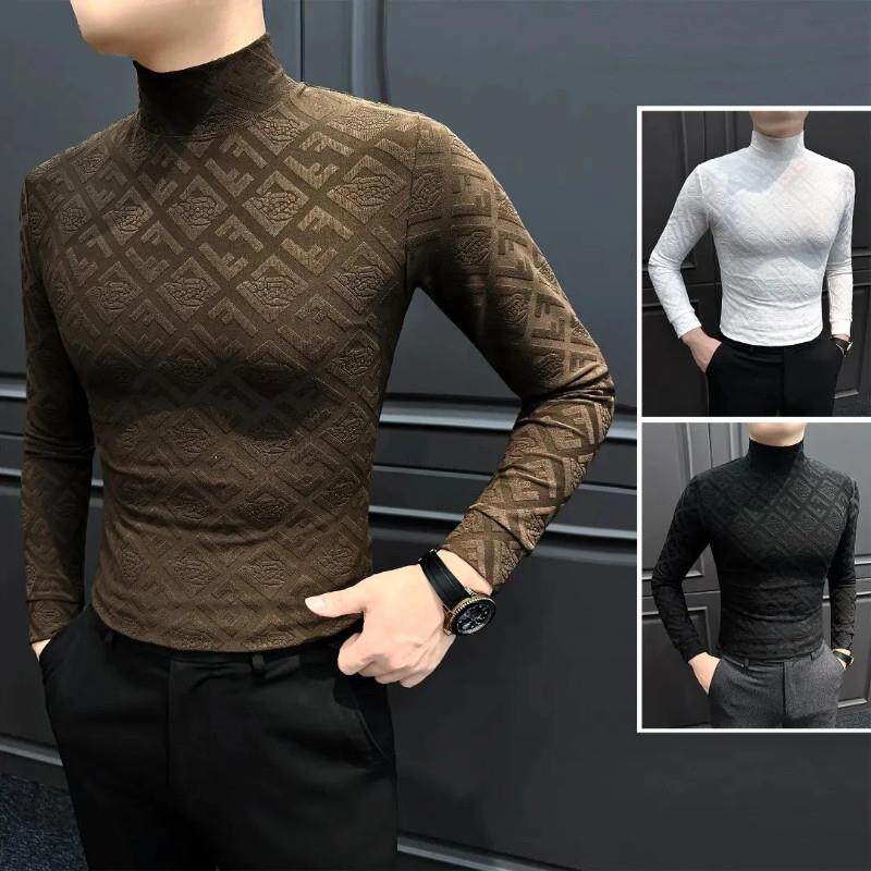 青澜之嘉提花半高领r男士长袖t恤爆款秋冬季痞帅高级感男款打底衫