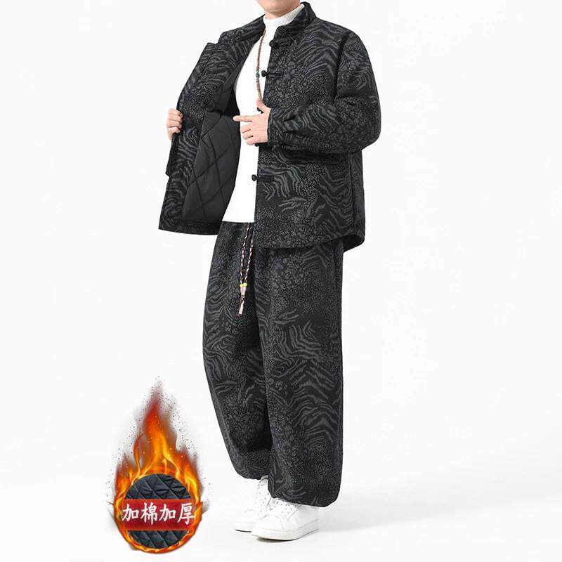 稀禧服饰冬季中国风男OS士唐装加厚灯芯绒棉衣套装大码保暖棉袄外