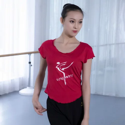 红舞鞋 丝光棉成人舞蹈练功服女上衣短袖舞服健美操文化衫 3505