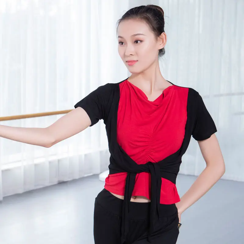 红舞鞋 丝光棉拼色前打结上衣女 练功服舞蹈瑜伽服现代舞服35216