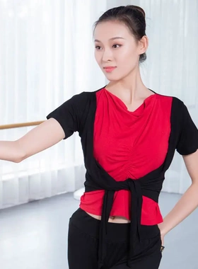 红舞鞋 丝光棉拼色前打结上衣女 练功服舞蹈瑜伽服现代舞服35216