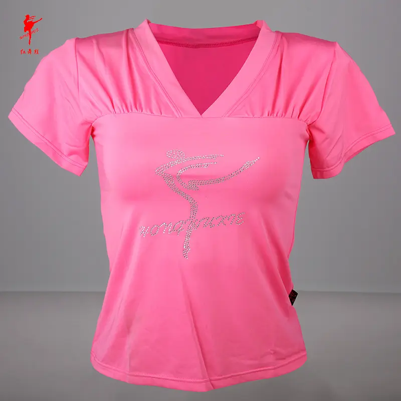 红舞鞋女奶丝v领短袖练功服加钻钻现代舞半袖形体舞蹈服上衣3717