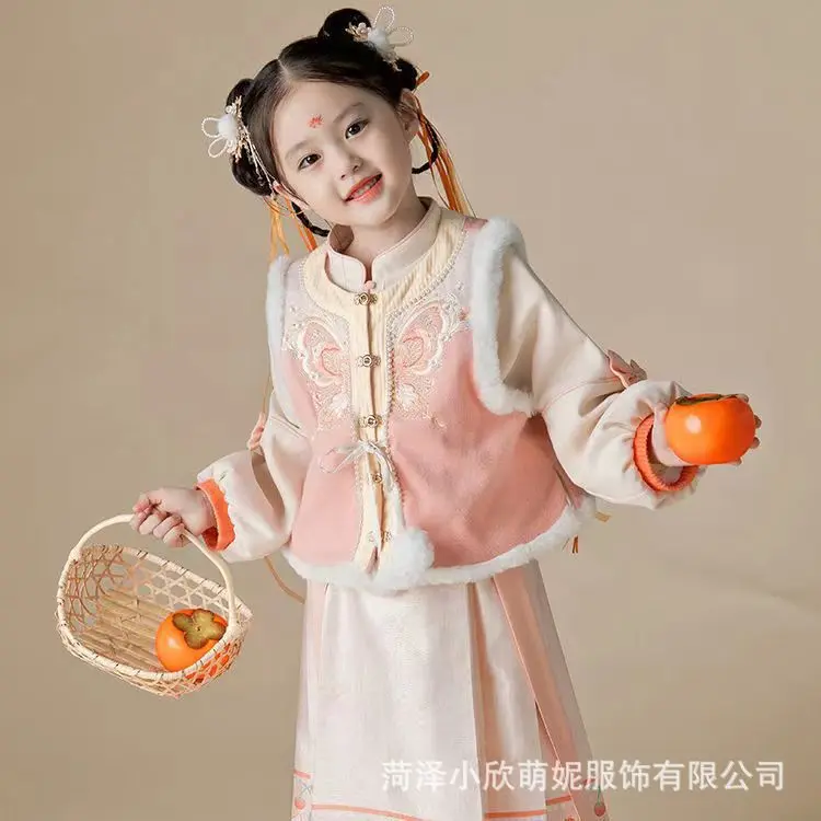 女童汉服拜年套装儿童冬装加绒加厚三件套民族风中国风过年服唐装