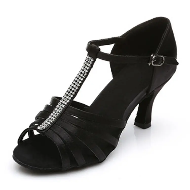 女士拉丁舞鞋女成人舞蹈鞋缎面高跟国标恰恰女孩软底中跟跳舞鞋子