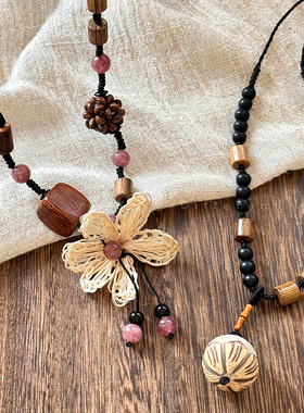 新中式菩提花朵项链女国风木质长款毛衣链日常百搭民族风抽绳配饰