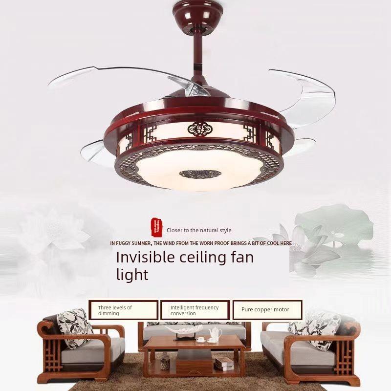 新中式吊扇灯隐形覆古风扇灯带电风扇吊灯红木风扇吊灯中式客厅灯