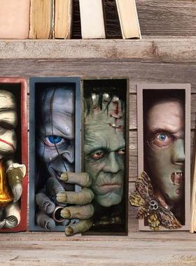 万书架上的怪物万圣节恐怖书架书靠回魂小丑书签雕像创意装饰摆件