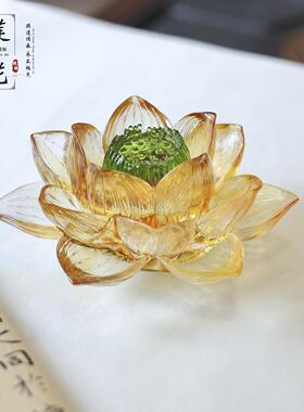 古法琉璃手工荷花摆件 中式风格家居装饰佛堂供奉琉璃烛台