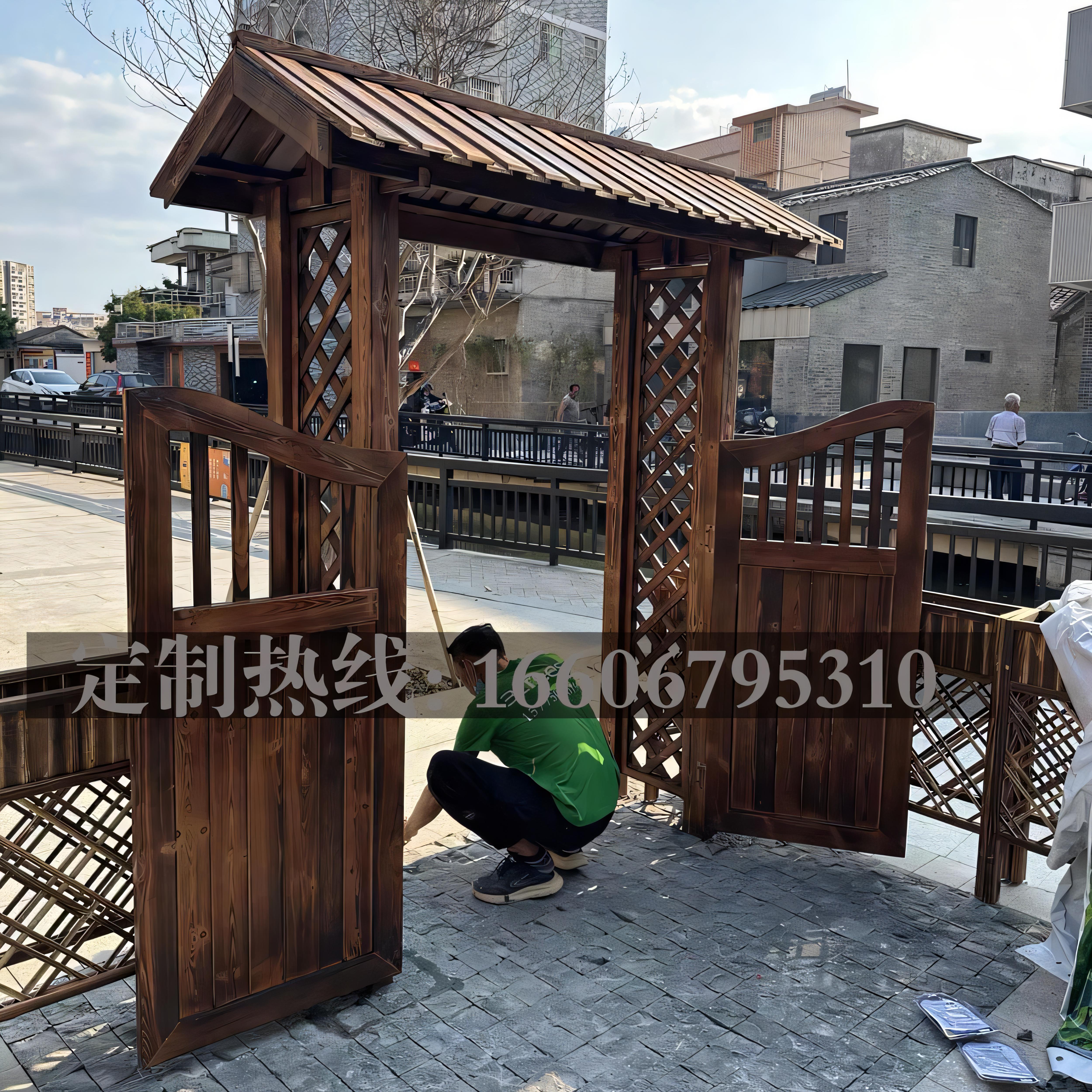 中式防腐木门楼复古院庭院门户外别墅茅草农村民宿复古实木门头