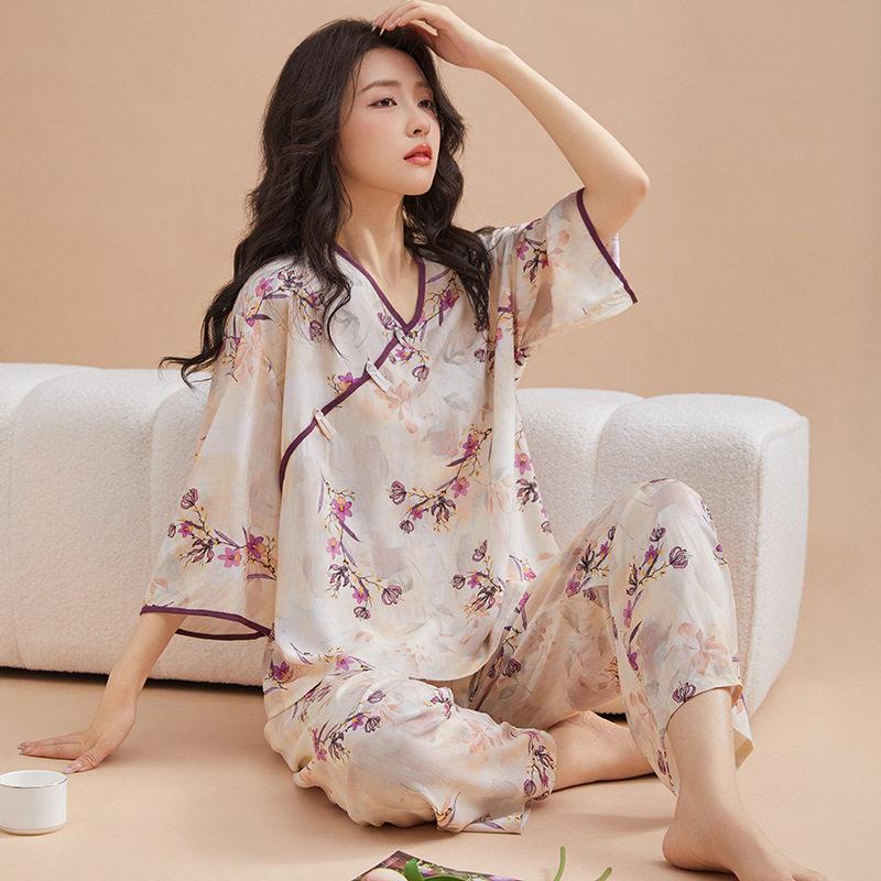 女士中国风唐装东方绸睡衣女款棉球七分袖长裤棉绸东风尼面稠套装